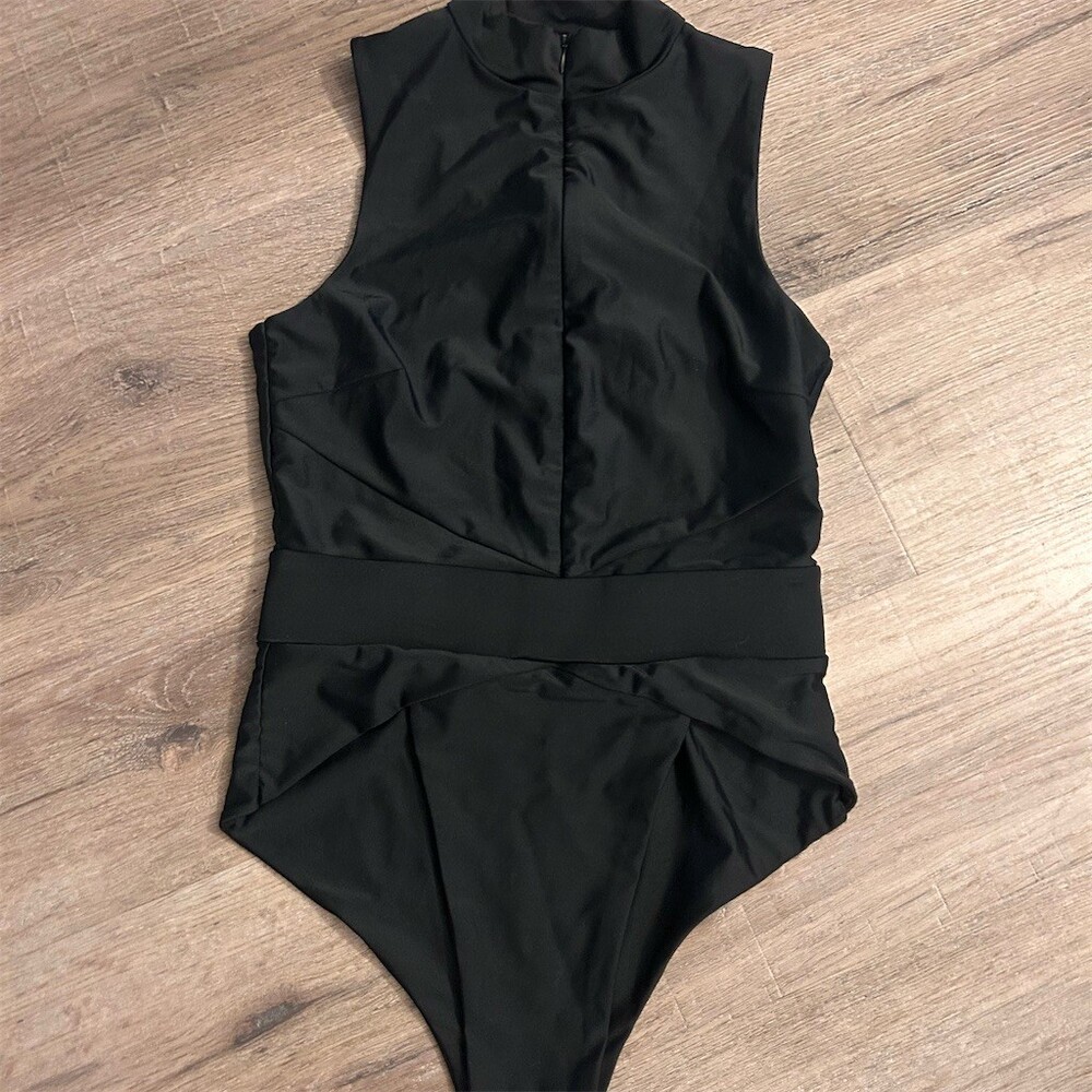 MBM Swim One-Piece Swimsuit Womens Size M Black High Neck Front Zip Ruched